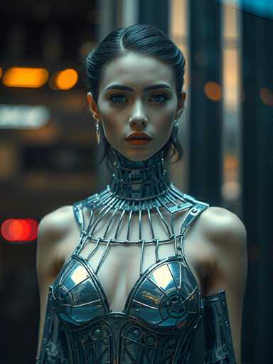 A woman is standing against a dark background with her head turned slightly to the left and looking directly at the camera. She is wearing a futuristic silver bodysuit that features intricate metalwork on the chest area. The image does not contain any discernible text or other objects.