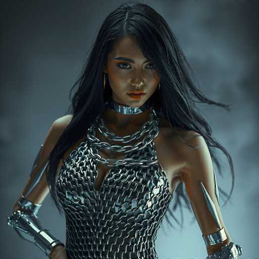 A woman with long dark hair is standing against a gray background wearing a silver chain necklace and bracelets on her wrists.