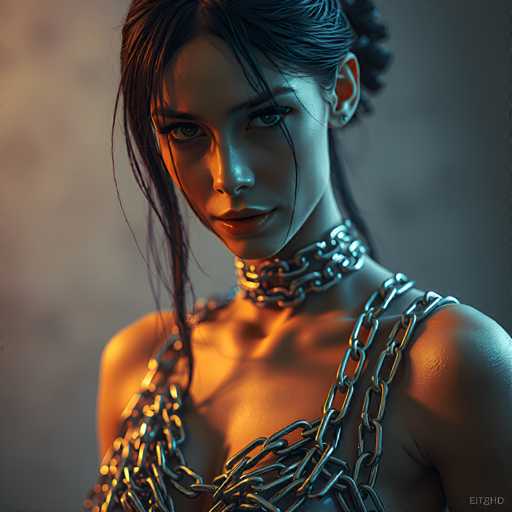 The image shows a close-up portrait of a woman with long dark hair and striking blue eyes. She is wearing a chain necklace that extends down her neck, adding an element of edginess to the scene. The background is blurred, drawing focus to the subject in the foreground.