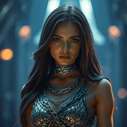 A woman with long dark hair is the central figure in this image. She's wearing a silver chain necklace that adds an elegant touch to her appearance. The background features a blurred cityscape of buildings and lights, creating a sense of depth and urban atmosphere.