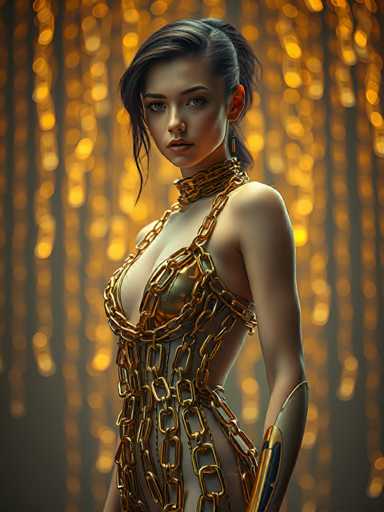 A woman is standing against a backdrop of gold and orange lights that create an ethereal glow around her. She is wearing a dress made entirely of gold chains, which adds a sense of glamour to the scene. The woman's pose suggests she is posing for the photo, with her body turned slightly to the left as if caught in mid-motion or perhaps about to step into the frame.
The background features a gradient of colors transitioning from yellow at the top to orange and white at the bottom, creating an artistic and visually striking effect that complements the woman's dress.