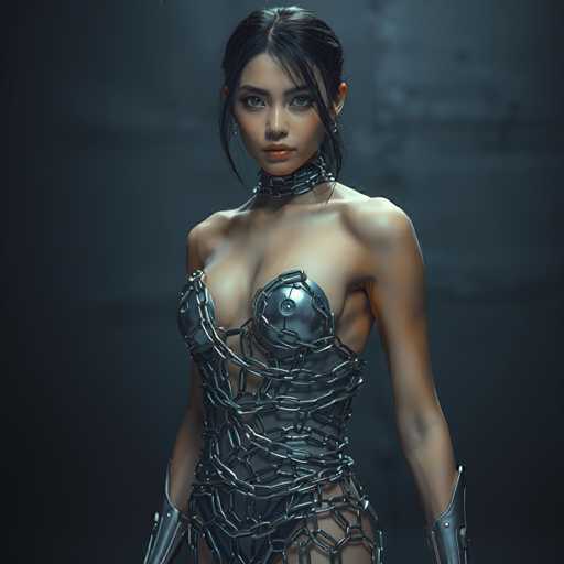 A woman is standing against a dark background with her arms crossed and legs apart. She is wearing a tight-fitting silver dress that has chains attached to it, giving the impression of being made from metal or having an industrial aesthetic. The image does not contain any discernible text.