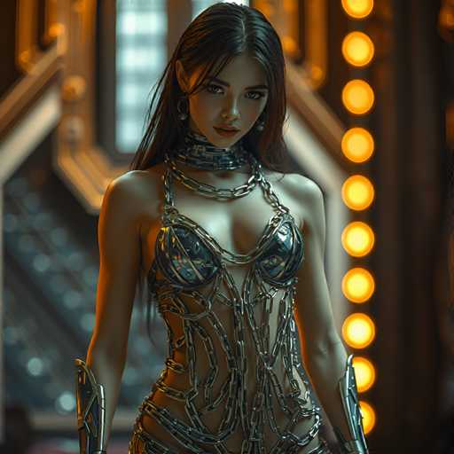 A woman is standing in front of a building with a large window and lights behind her. She is wearing a silver dress that has chains on it, giving the impression that she might be a character from a video game or movie. The lighting around her creates an ethereal glow, enhancing the overall atmosphere of the scene.
