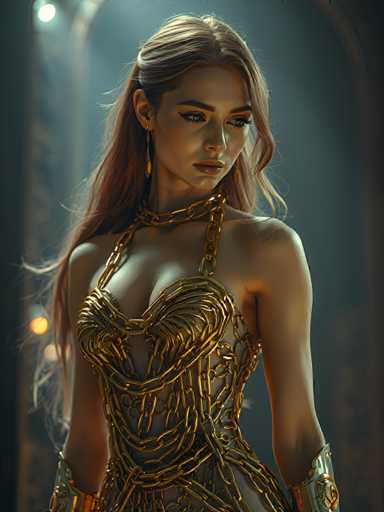 A woman with long blonde hair is standing in a dimly lit room, wearing a gold dress that features intricate chain designs and a corset-like bodice. The background of the image is dark, creating an atmospheric setting for the scene.