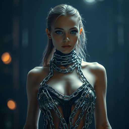 A woman with blonde hair and blue eyes is standing against a dark background, wearing a chain necklace that drapes around her neck and shoulders. The necklace is made of silver chains and has a unique design, adding an element of intrigue to the image.