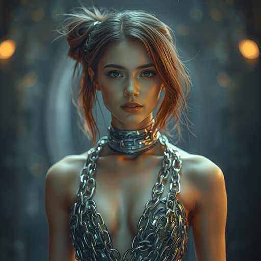 A woman with long brown hair is wearing a chain necklace and a strapless dress that falls down to her knees. She has dark eyes and a serious expression on her face as she gazes directly into the camera. The background features a dark blue color scheme with white lights in the top left corner, creating an atmospheric setting for the image.