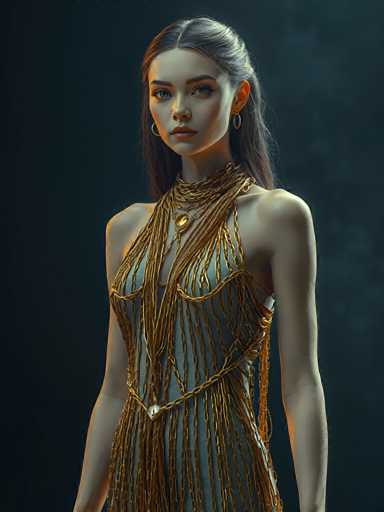 A woman with long brown hair is standing against a dark background and wearing a gold dress that features a chain design on the neckline.