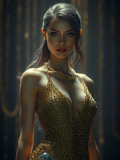 A woman with long brown hair is standing against a dark background adorned with gold and white lights that cast an ethereal glow on her figure. She is wearing a gold dress with a chain neckline and a large bust, which accentuates the contours of her body. The woman's gaze is directed straight at the camera, creating a sense of connection between herself and the viewer.
