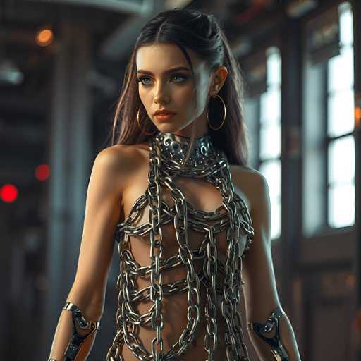 A woman with long brown hair and large hoop earrings stands in a room filled with industrial equipment. She is wearing a chain necklace that adds an edgy element to her appearance. The background features a window and a door, suggesting the setting could be a warehouse or industrial space.