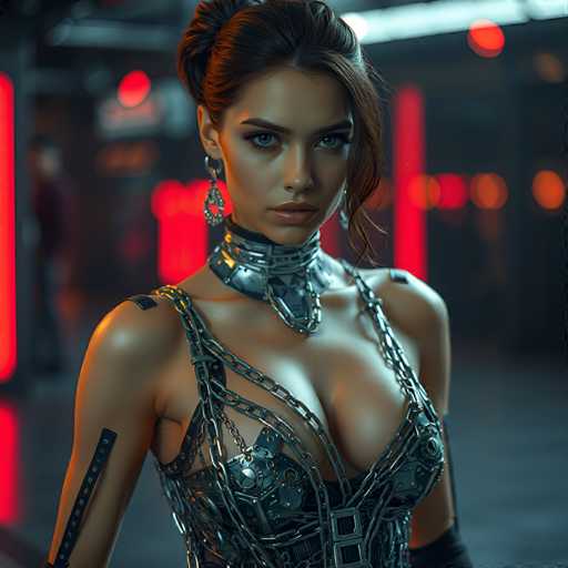 A woman is standing in front of a red neon sign and a black metal sculpture with chains hanging from it. She is wearing a tight-fitting silver dress that has a chain design on the bodice. The background features a dark room with a blurred figure in the distance.