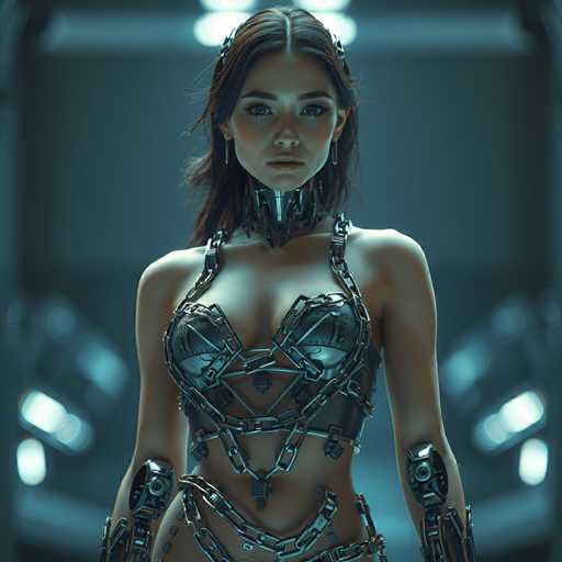 The image shows a woman wearing a futuristic outfit that includes a chain necklace and bodysuit with metal components. The background is dark and out of focus, drawing attention to the woman as the main subject.
