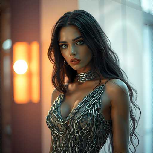 A woman with long dark hair is standing against a white wall and looking directly at the camera. She is wearing a silver dress that has chains on it, giving her an edgy appearance. The background of the image features a blurred orange light source, adding depth to the scene.