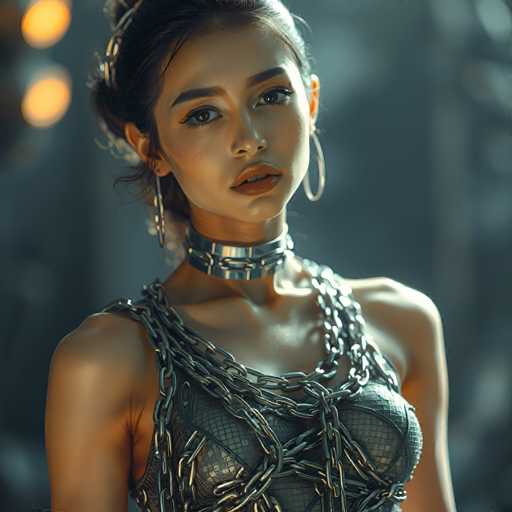 A woman with dark hair and large hoop earrings is wearing a silver choker necklace that has multiple chains. She is standing against a black background, which contrasts with her attire. The image does not contain any discernible text or other objects.