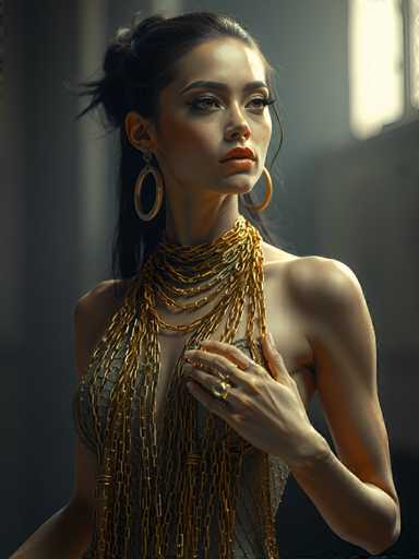 A woman with long dark hair is wearing a gold necklace and earrings that dangle from her neck down to her shoulders. She has her hands resting on her hips and is looking off to the side in what appears to be an indoor setting.