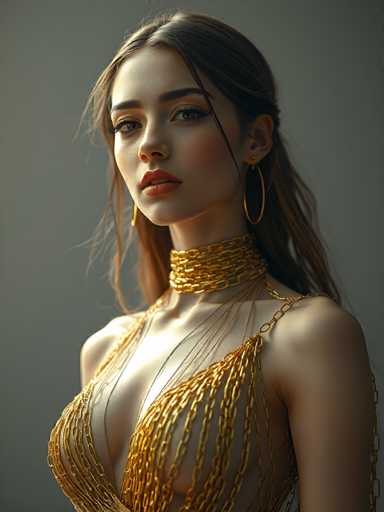 A woman with long brown hair and a gold necklace is the main subject of this image. She has her hair styled in loose waves and is wearing a gold chain necklace that adds an elegant touch to her appearance. The background features a gray wall, which contrasts nicely with the woman's golden attire.