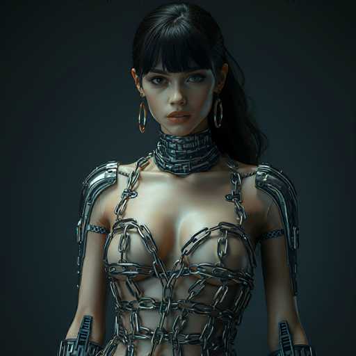 A woman is standing against a dark background with her arms crossed and wearing a chain necklace that has multiple chains attached to it. The image does not contain any text or other objects.