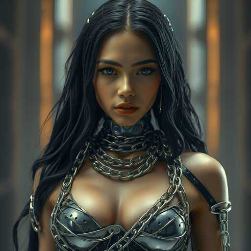 The image shows a woman with long dark hair wearing a tight-fitting silver bra and necklace. She is looking directly at the camera with an intense gaze. The background features a blurred white wall that creates a stark contrast to her dark hair and metallic attire.