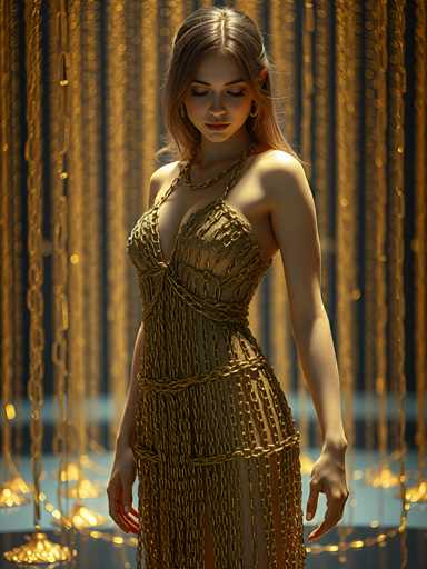 A woman is standing against a backdrop featuring gold chains and lights that cast an ethereal glow on her figure. She is wearing a long, flowing dress with a chain design at the bottom, which adds a touch of elegance to her appearance. The background is dark, creating a stark contrast that makes her stand out even more.