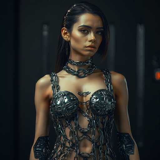 A woman is standing against a black background with her arms crossed and wearing a chain necklace that has multiple chains of varying sizes. The image does not contain any text or other objects.