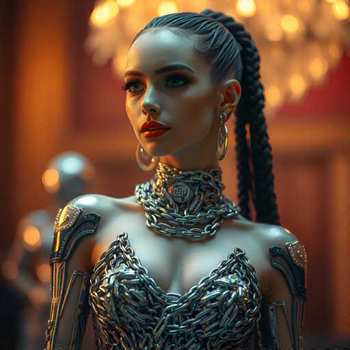 A woman with long dark hair styled into a high ponytail is the central figure in this image. She is wearing a silver dress that features chains and other metallic elements, giving it an industrial or futuristic appearance. The background of the image is blurred, but there are two figures present - one on the left side and another on the right side.