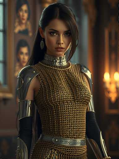 A woman with long dark hair is standing in front of a mirror wearing a gold and silver dress that has a mesh pattern on the chest area. She is looking directly at the camera with an expression of determination or focus. The background features a painting of two women's faces, suggesting this image may be part of a larger artistic project or exhibition.