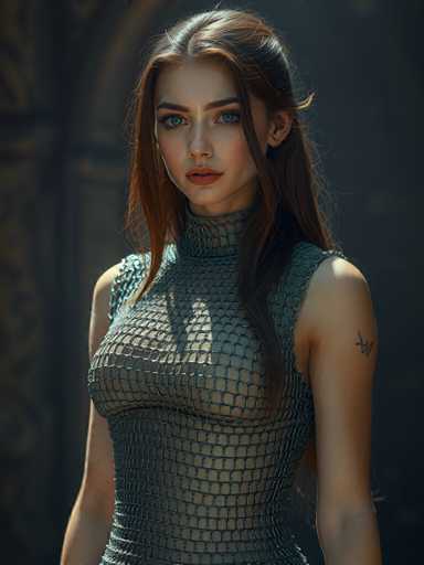 A woman with long brown hair and a tattoo on her left arm is the main subject of this image. She is wearing a mesh top that has a unique pattern of small squares arranged in a grid-like structure. The background features a dark color, which contrasts with the woman's light-colored outfit.