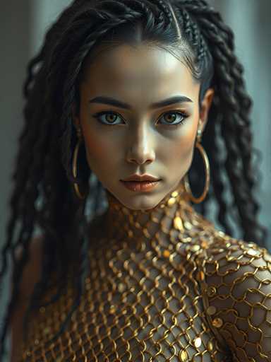 A woman with long dreadlocks and large hoop earrings is the central figure in this image. She has a gold-colored top that contrasts with her dark hair, which she wears down. The background is a light beige color, providing a neutral backdrop for the woman's striking appearance.
