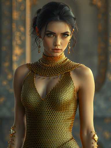 A woman is standing against a backdrop that appears to be a castle or palace with gold accents and intricate designs. She is wearing a gold dress with a mesh bodice and neckline, which features a chain necklace. The woman has dark hair styled in an updo and is looking directly at the camera.