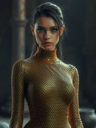A woman is standing against a gray wall with her back turned towards the camera. She is wearing a gold dress that features a snake skin pattern and has a high neckline. The image also contains text elements such as "What", "Who", "Where", "When", and "How".