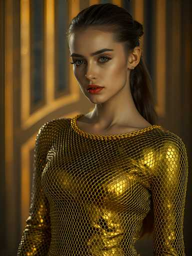 A woman with long brown hair is standing against a white wall and wearing a gold dress that has a mesh pattern on the neckline.
