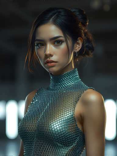 A young woman with dark hair is the central figure in this image. She's wearing a silver mesh top that has a high neckline and short sleeves. The background features a beige wall with several lights on it, creating an interesting contrast against her metallic outfit.