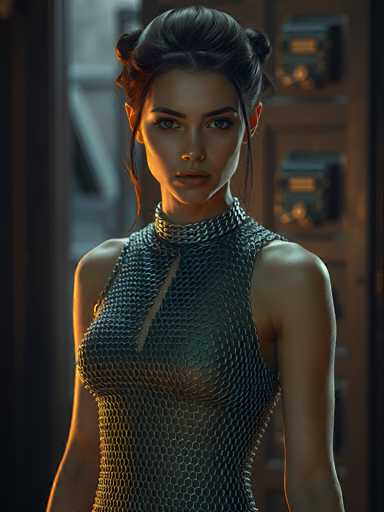 A woman with long dark hair is standing in front of a door and looking directly at the camera. She is wearing a black dress that has a mesh pattern on it. The background features a white wall with two doors, one of which has a keyhole visible.