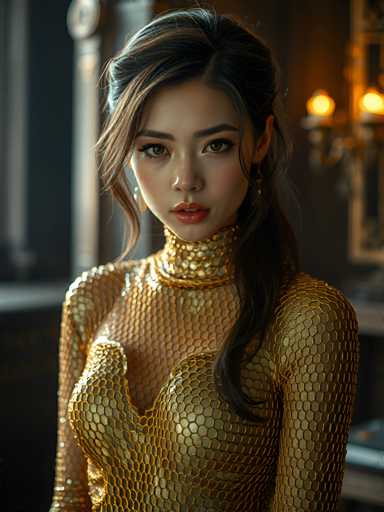 A young woman with long brown hair is the central figure in this image. She's wearing a gold sequin dress that sparkles under the light and has her hair styled in an elegant updo. The background features a dark room with a chandelier hanging from the ceiling, casting a warm glow on the scene.