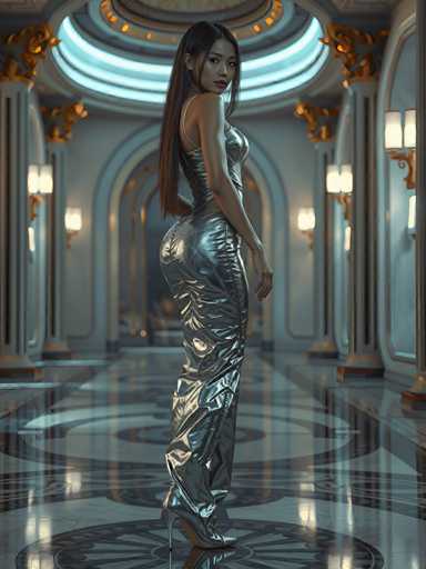 A woman stands in an opulent room with a high ceiling and large windows that allow natural light to flood the space. She is wearing a silver dress that cascades down to her feet, and she holds a gold clutch purse in her left hand. The room features ornate columns and intricate designs on the walls, creating an atmosphere of grandeur and luxury.