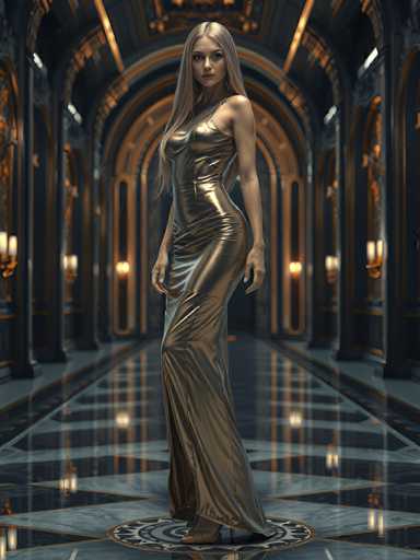 A woman is standing in an ornate room with a high ceiling and large arches. She is wearing a long gold dress that reaches down to her feet, and she has blonde hair styled in loose waves. The room features a marble floor and walls adorned with gold accents, creating a luxurious atmosphere.