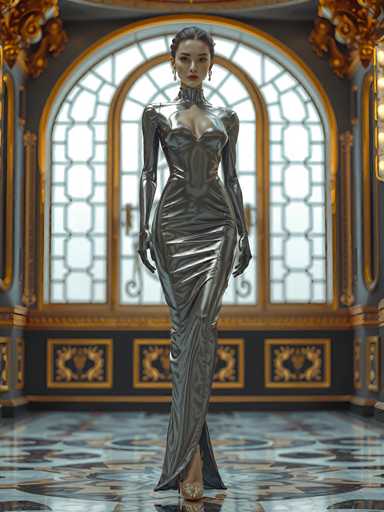 A woman is standing in front of a large window with gold accents and a black curtain. She is wearing a long silver dress that reaches down to her feet, and high heels. The background features an ornate gold wall with intricate designs.