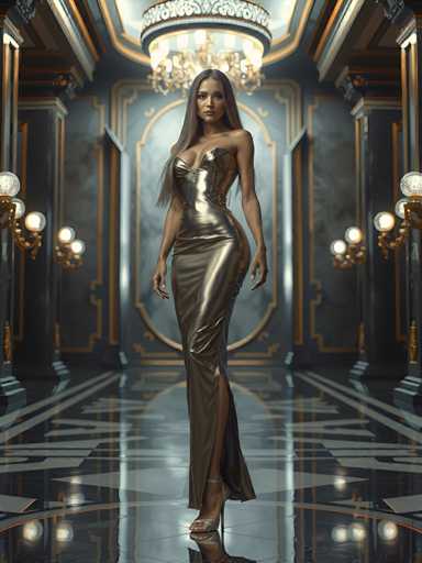 A woman is standing in an opulent room with a high ceiling and large windows that allow natural light to flood the space. She is wearing a long gold dress with a slit on the side and high heels. The room features ornate columns and chandeliers hanging from the ceiling, creating a luxurious atmosphere.