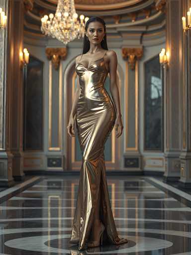 A woman is standing in an opulent room with a high ceiling and large windows that allow natural light to flood the space. She is wearing a long, metallic gold dress that cascades down to her feet, creating a sense of elegance and luxury. The room features ornate decorations and chandeliers hanging from the ceiling, adding to the grandeur of the setting.