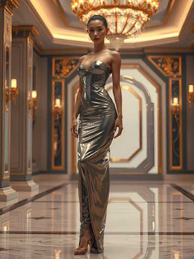 A woman is standing in a grand room with high ceilings and ornate decorations. She is wearing a long, metallic dress that reflects the light from the chandeliers hanging above her head. The floor beneath her feet is made of marble tiles, adding to the opulence of the setting.