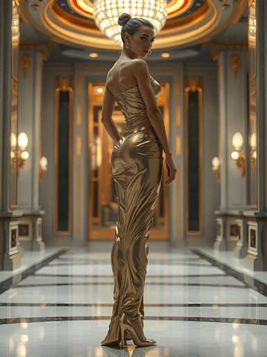 A woman is standing in front of a grand room with a chandelier and columns. She is wearing a long gold dress that flows down to her feet, and high heels. The room has white walls and marble floors, creating an elegant atmosphere.