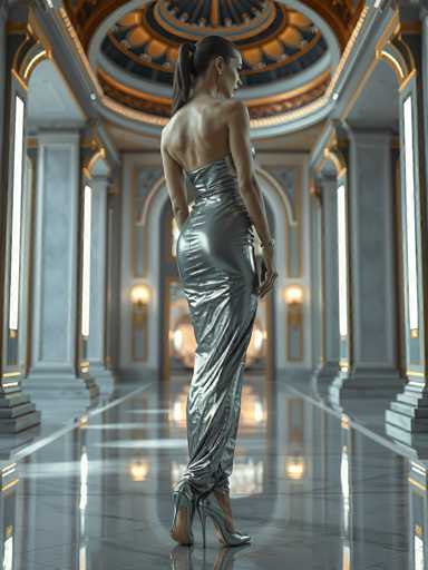 A woman wearing a silver strapless dress with a high neckline and long sleeves stands in an opulent room with marble columns and a large gold dome ceiling. The floor is made of shiny marble tiles that reflect the light from the gold dome above.