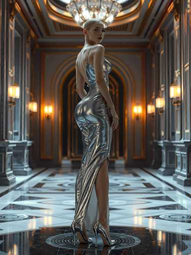 A woman is standing on a black and white marble floor in an opulent room with gold accents. She is wearing a silver dress that has a high slit down the back and long train. The room features large arched windows and chandeliers hanging from the ceiling, creating a grand atmosphere.