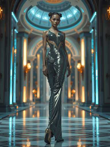 A woman is standing on a marble floor in an opulent room with a large blue dome and gold accents. She is wearing a long silver dress that reaches down to her feet, and high heels. The room has multiple columns and arches, creating an atmosphere of grandeur and elegance.