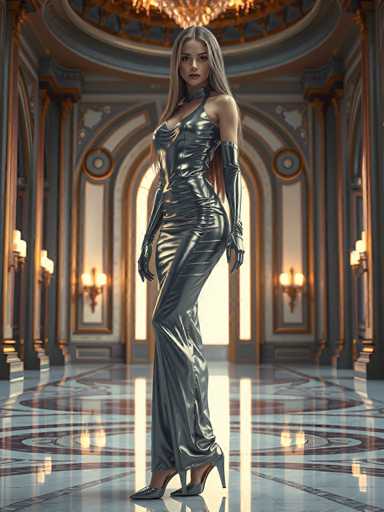 A woman is standing in an opulent room with a high ceiling and large windows that allow natural light to flood the space. She is wearing a long silver dress and high heels, which complement her elegant pose. The room features gold accents on the walls and flooring, creating a luxurious atmosphere.