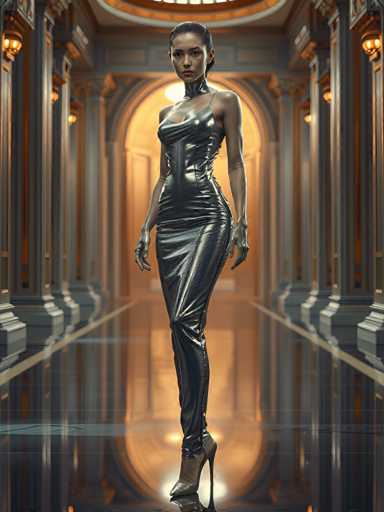 A woman is standing on a black marble floor in an ornate hallway with gold columns and arches. She is wearing a black leather dress that has a high neckline and corset-like silhouette, paired with high heels. The background features a large archway adorned with gold accents, creating a luxurious atmosphere.