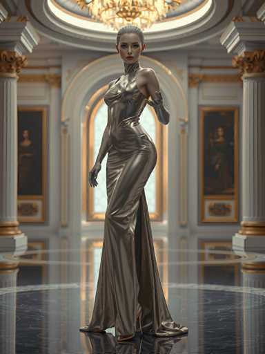 A woman is standing in an opulent room with a high ceiling and large windows that allow natural light to flood the space. She is wearing a long, flowing gold dress that cascades down to her feet, and she holds a parasol in one hand while the other hand rests on her hip. The room features ornate columns and intricate decorations, creating an atmosphere of grandeur and luxury.