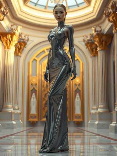 A woman is standing in front of a grand room with gold columns and a large window that allows natural light to illuminate the space. She is wearing a long, shiny silver dress that reaches down to her feet, and she has red hair styled in an elegant updo. The room features ornate decorations on the walls and ceiling, creating an atmosphere of opulence and grandeur.