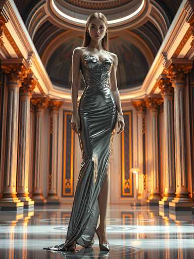 A woman is standing in front of a grand room with columns and arches, wearing a long silver dress that reaches down to her knees. The room has a high ceiling and large windows on the right side, allowing natural light to flood into the space.