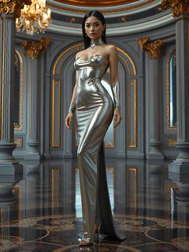 A woman is standing in an opulent room with a high ceiling and large windows that allow natural light to flood the space. She is wearing a long silver dress with a corset top and skirt, which accentuates her figure. The floor beneath her feet is made of marble tiles, adding to the grandeur of the setting.