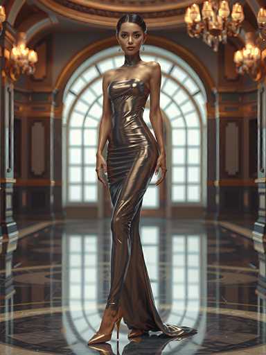 A woman is standing in an opulent room with a high ceiling and large windows that allow natural light to flood the space. She is wearing a long, metallic dress that shimmers under the lights, and her hair is styled in loose waves. The room features gold accents throughout, including chandeliers hanging from the ceiling and ornate moldings on the walls.